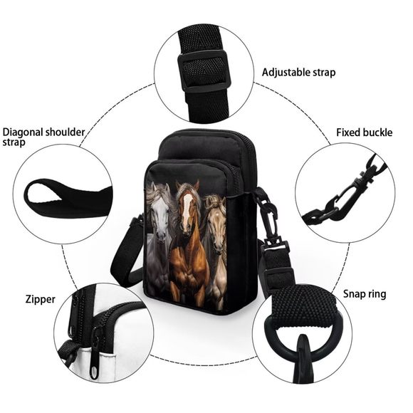 Crazy Horse Crossbody Cell Phone Bag Wallet Purse Black Horse o_o - Picture 4 of 6